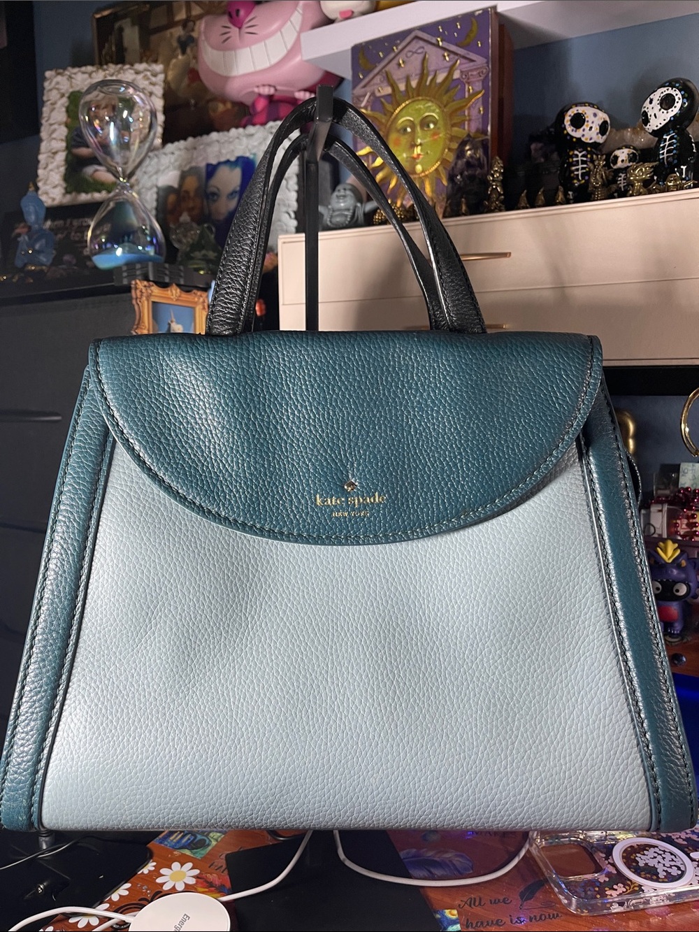 kate spade two-tone teal and light blue leather satchel
